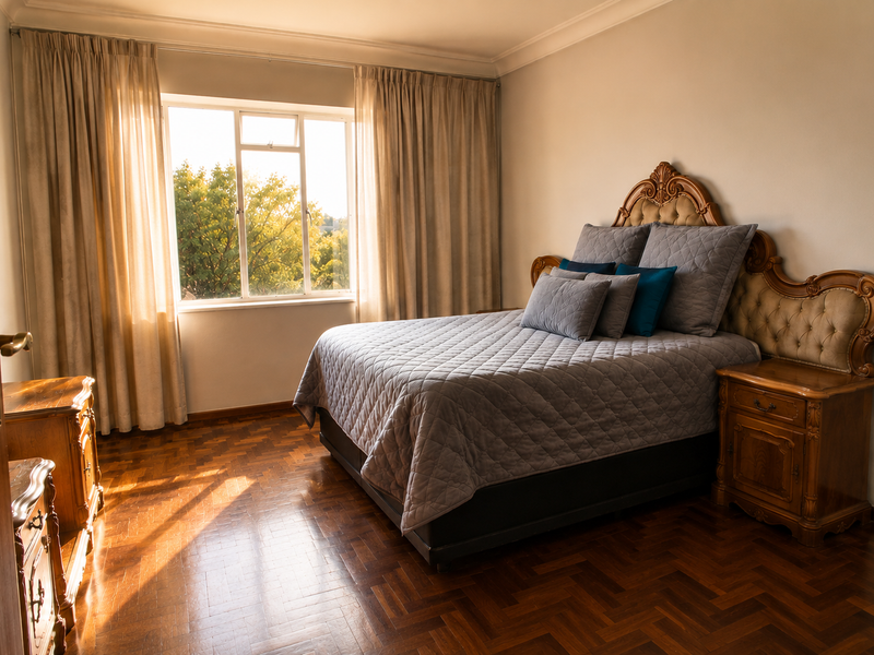 A well-lit bedroom featuring classic parquet flooring, neutral walls, and a large window with natural light.