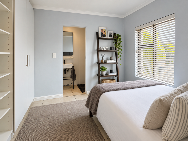 A well-maintained bedroom featuring built-in cupboards, tiled flooring, venetian blinds, and direct access to an en-suite bathroom.