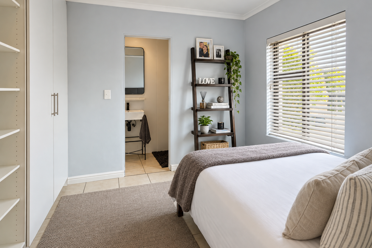 A well-maintained bedroom featuring built-in cupboards, tiled flooring, venetian blinds, and direct access to an en-suite bathroom.