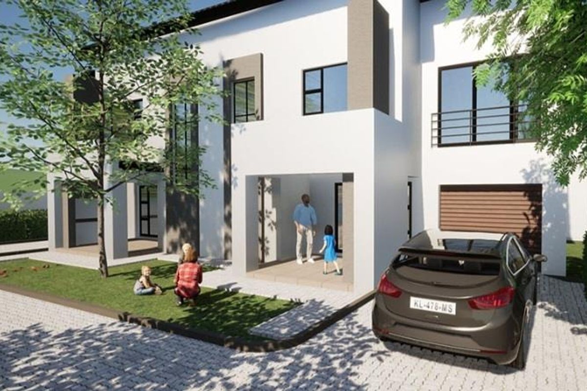 A modern two-story residential facade featuring clean lines, a covered entrance porch, balcony, and integrated garage, set within a landscaped suburban environment.