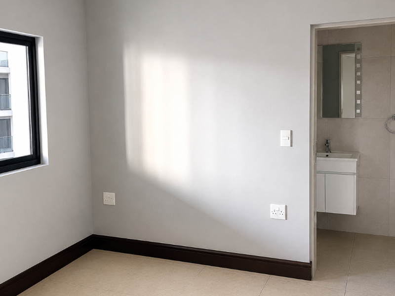 A bright, empty bedroom featuring neutral tiled flooring, modern grey walls, and direct access to an en-suite bathroom.