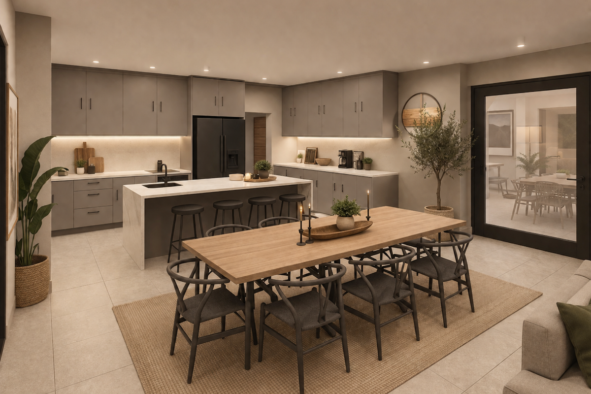 Modern open-plan kitchen and dining area featuring sleek cabinetry, a central island with stone countertops, and integrated lighting, creating a seamless living space.