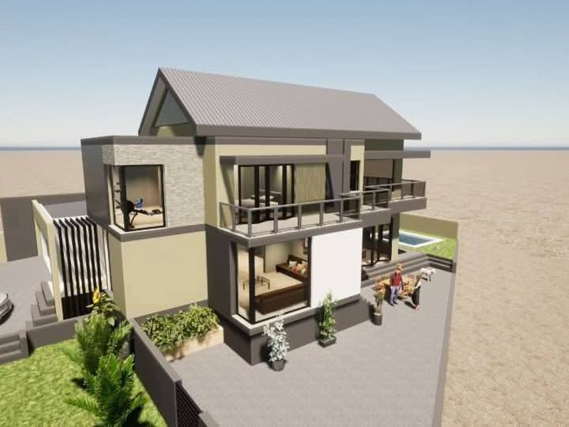 A 3D architectural rendering of a modern two-story house featuring a metal roof, balcony, and contemporary facade finishes.