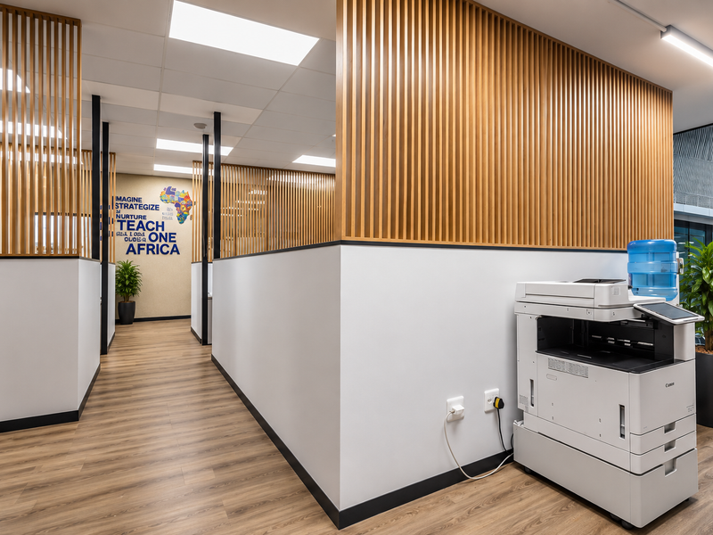 Modern office space featuring contemporary timber slat partitions, suspended ceiling with integrated lighting, and durable wood-look flooring in a professional workspace environment.