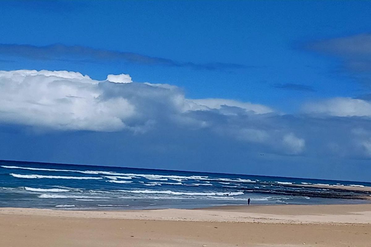 A scenic view of the coastline featuring sandy beach and ocean waves under a clear blue sky.