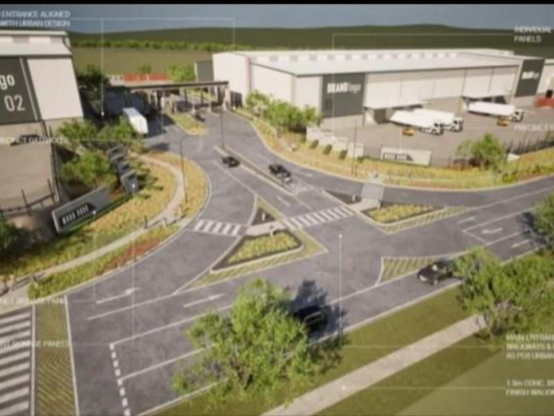An aerial architectural rendering of an industrial park development featuring warehouse facilities, internal road infrastructure, loading bays, and pedestrian access points.