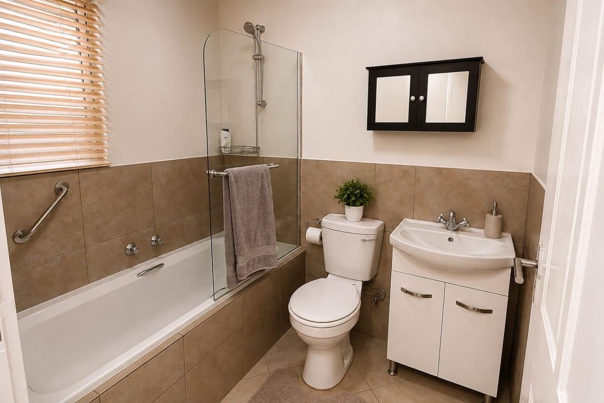 A functional bathroom featuring a bathtub with a glass shower screen, a vanity unit with a washbasin, and a wall-mounted medicine cabinet.