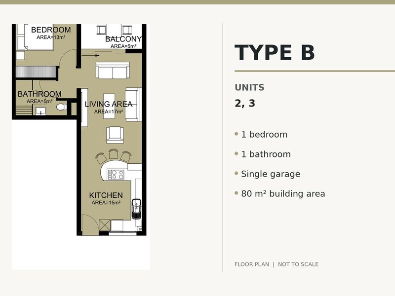 A clear floor plan diagram for a one-bedroom apartment unit, detailing the layout of the kitchen, living area, bathroom, bedroom, and balcony.