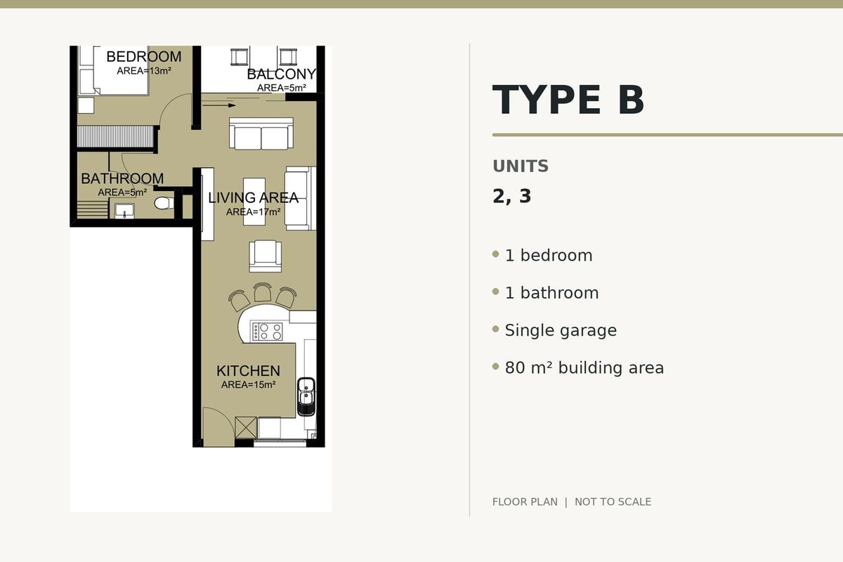 A clear floor plan diagram for a one-bedroom apartment unit, detailing the layout of the kitchen, living area, bathroom, bedroom, and balcony.