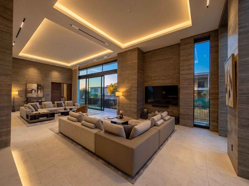 Spacious modern living room featuring high ceilings with recessed lighting, stone-clad feature walls, and large sliding glass doors opening to the exterior.