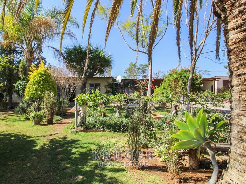 A lush, established garden featuring mature trees and greenery, providing a private outdoor space with a view toward the rear of the property.