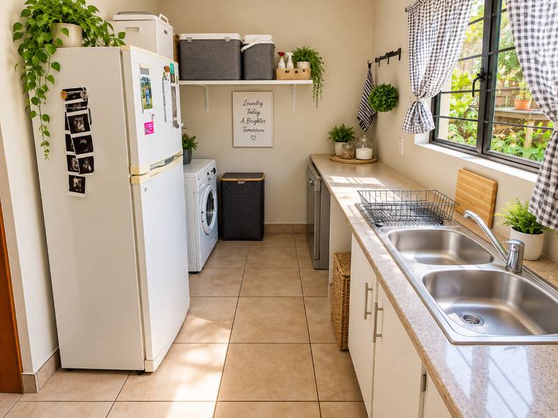A functional laundry room featuring tiled flooring, double stainless steel sink, laminate countertops, and built-in cabinetry with convenient wall-mounted shelving.