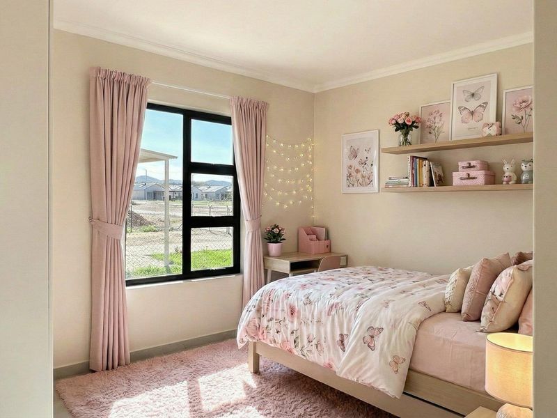 A well-maintained bedroom featuring neutral walls, modern aluminium window frames, and built-in wall shelving, offering a bright and comfortable living space.