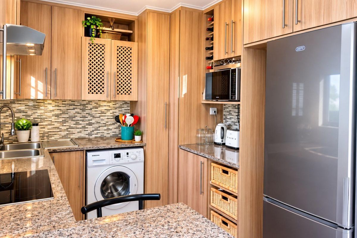Modern kitchen featuring light wood cabinetry, granite countertops, mosaic tile backsplash, and integrated appliances including a washing machine and built-in microwave.