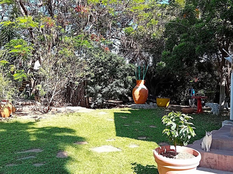 A lush, well-maintained garden area featuring mature trees, a manicured lawn, and stone steps leading to the property entrance.