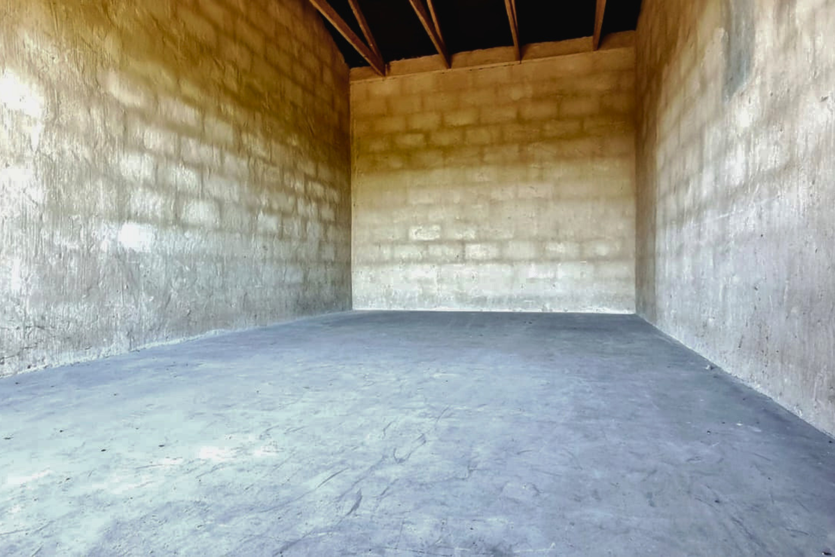 An unfinished, raw utility space featuring exposed concrete block walls, a concrete floor, and open roof rafters, suitable for storage or workshop conversion.