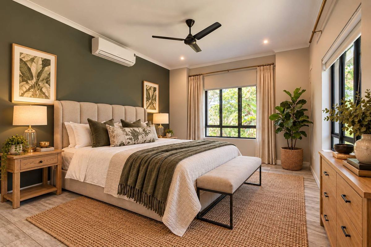 A well-appointed bedroom featuring tiled flooring, a ceiling fan, a split-system air conditioner, and large windows providing natural light.