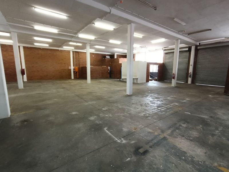 Spacious industrial warehouse unit featuring exposed brick walls, concrete flooring, roller shutter access, and overhead fluorescent lighting.