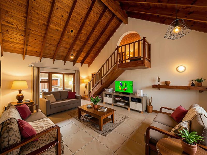 Spacious living room featuring a high exposed timber vaulted ceiling, tiled flooring, and a timber staircase leading to a mezzanine level.