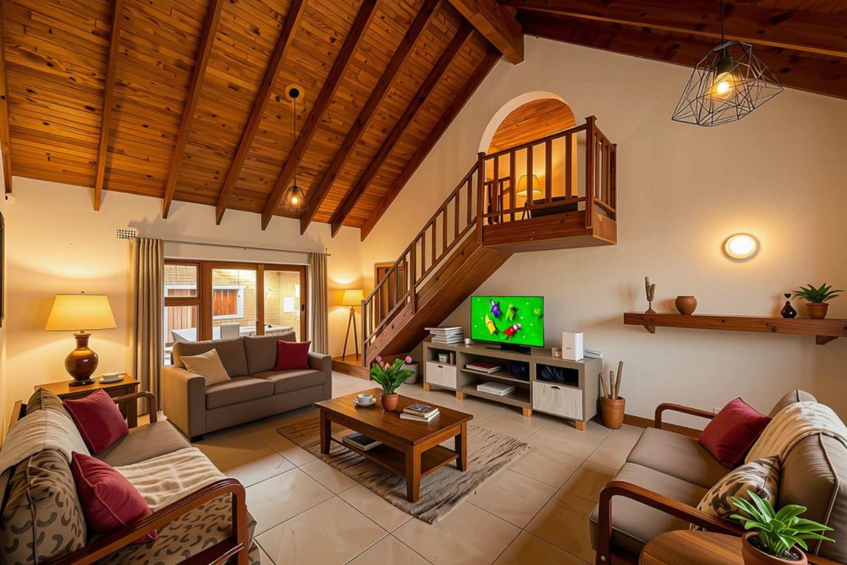 Spacious living room featuring a high exposed timber vaulted ceiling, tiled flooring, and a timber staircase leading to a mezzanine level.