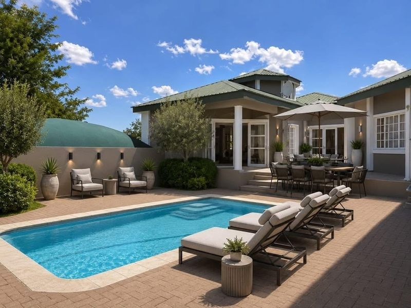 A well-maintained outdoor pool area featuring a paved patio, swimming pool, and direct access to the home through multiple sets of french doors.