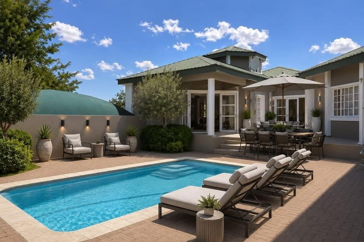 A well-maintained outdoor pool area featuring a paved patio, swimming pool, and direct access to the home through multiple sets of french doors.