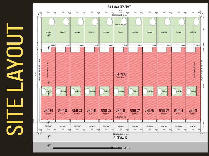 Site layout plan for a townhouse development featuring eleven units with individual driveways, gardens, and braai areas.