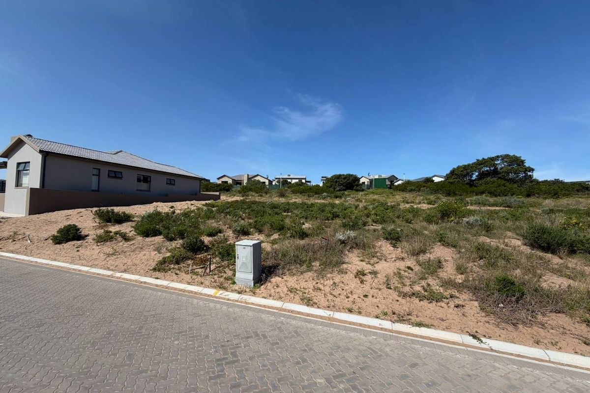 A vacant residential plot featuring natural vegetation, paved street access, and an existing electrical utility connection point.