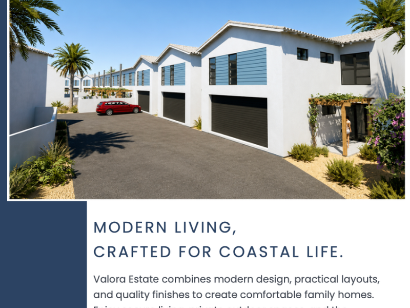 Modern townhouse exterior featuring a double garage, paved driveway, and architectural pergola, showcasing contemporary coastal design within a secure estate.
