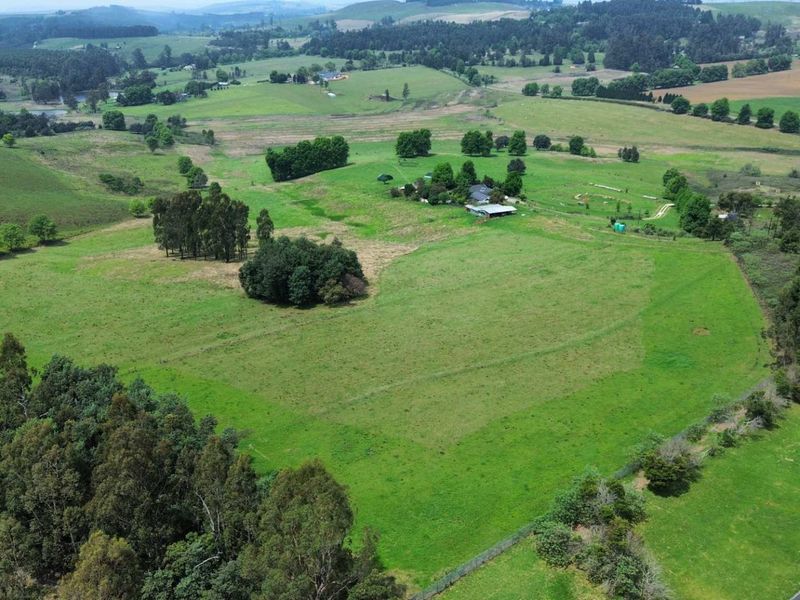 An aerial view of the expansive small holding property, showcasing large open pasture areas, established tree clusters, and the main dwelling complex.