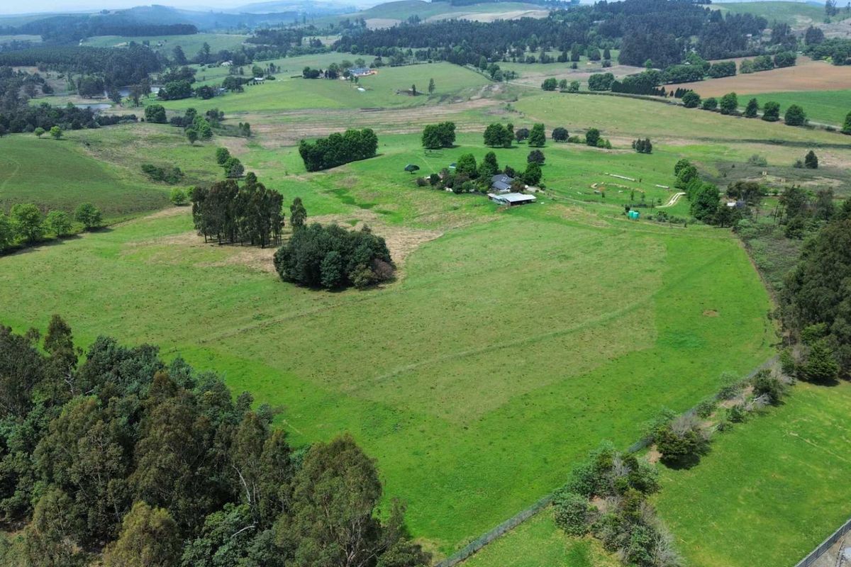 An aerial view of the expansive small holding property, showcasing large open pasture areas, established tree clusters, and the main dwelling complex.