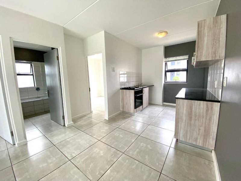 A clean, modern kitchen featuring light wood-grain cabinetry, dark countertops, and tiled flooring, with an adjacent view into the bathroom and hallway.