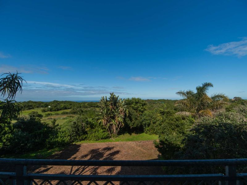Elevated view overlooking lush green landscape and coastal vegetation, captured from a balcony with a metal railing.