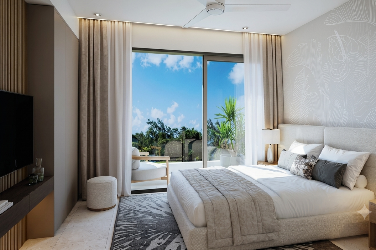 Modern bedroom featuring high-quality finishes, built-in cabinetry, recessed lighting, and a large sliding glass door providing access to an outdoor balcony.
