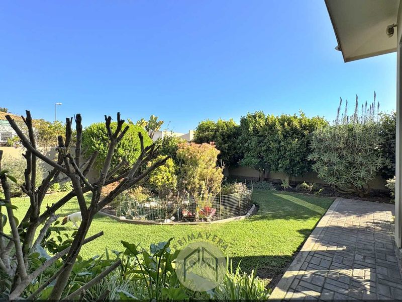 A well-maintained private garden featuring a paved walkway, lush lawn, and established perimeter landscaping.