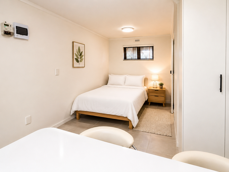A well-maintained bedroom featuring neutral tiled flooring, a built-in wardrobe, and integrated security and electrical fixtures.