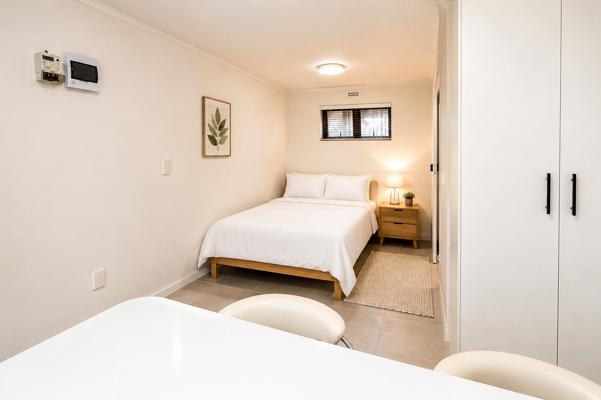 A well-maintained bedroom featuring neutral tiled flooring, a built-in wardrobe, and integrated security and electrical fixtures.