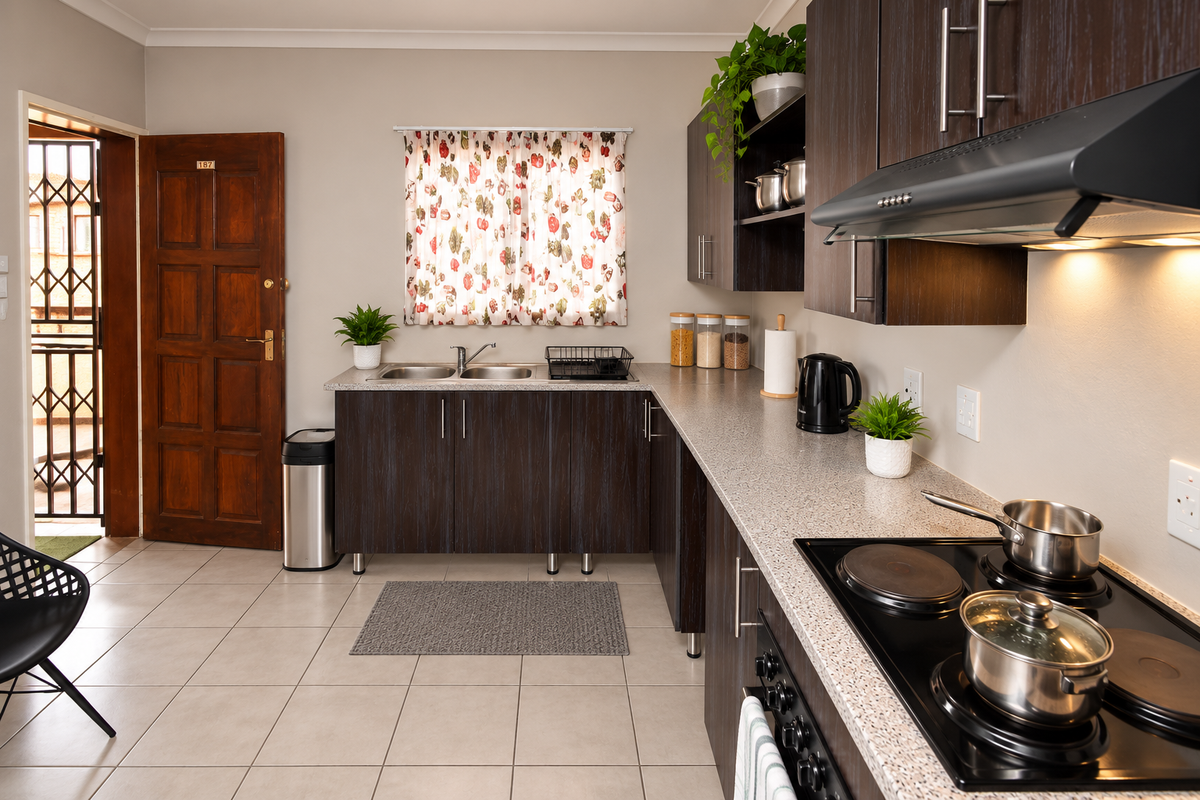 A functional kitchen featuring dark wood cabinetry, laminate countertops, a stainless steel double sink, and a built-in electric hob with an extractor fan.