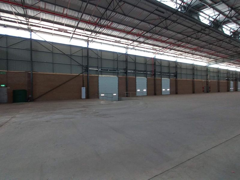 Spacious industrial warehouse featuring high ceilings with exposed steel trusses, concrete flooring, and multiple roller shutter doors for efficient loading access.