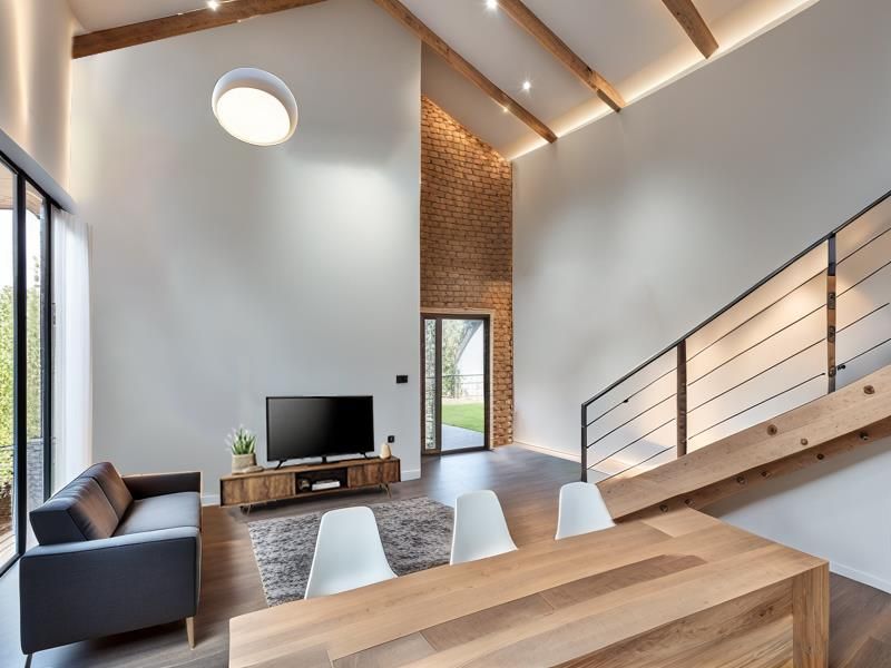 Spacious living area featuring high vaulted ceilings with exposed timber beams, a striking brick feature wall, and a modern staircase with metal balustrades.