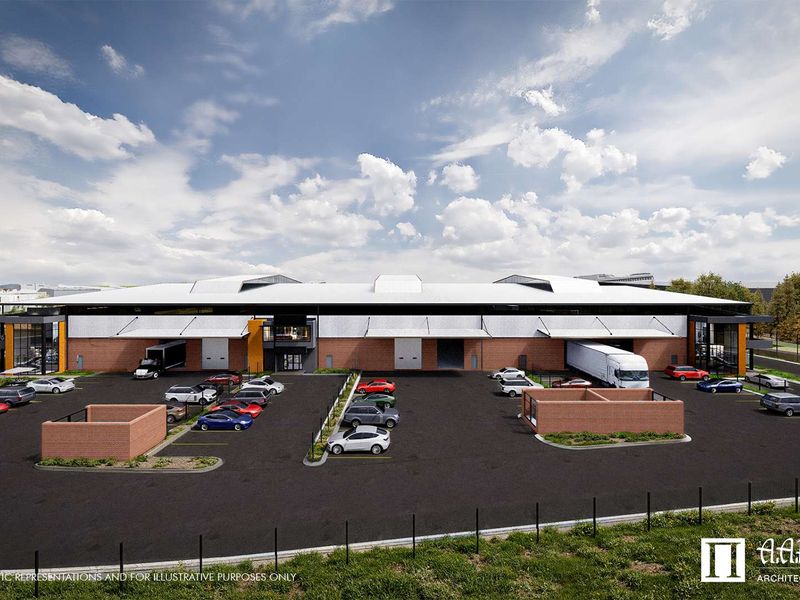 A professional architectural rendering of a modern industrial warehouse facility featuring multiple loading bays, expansive parking areas, and contemporary brick and metal facade design.
