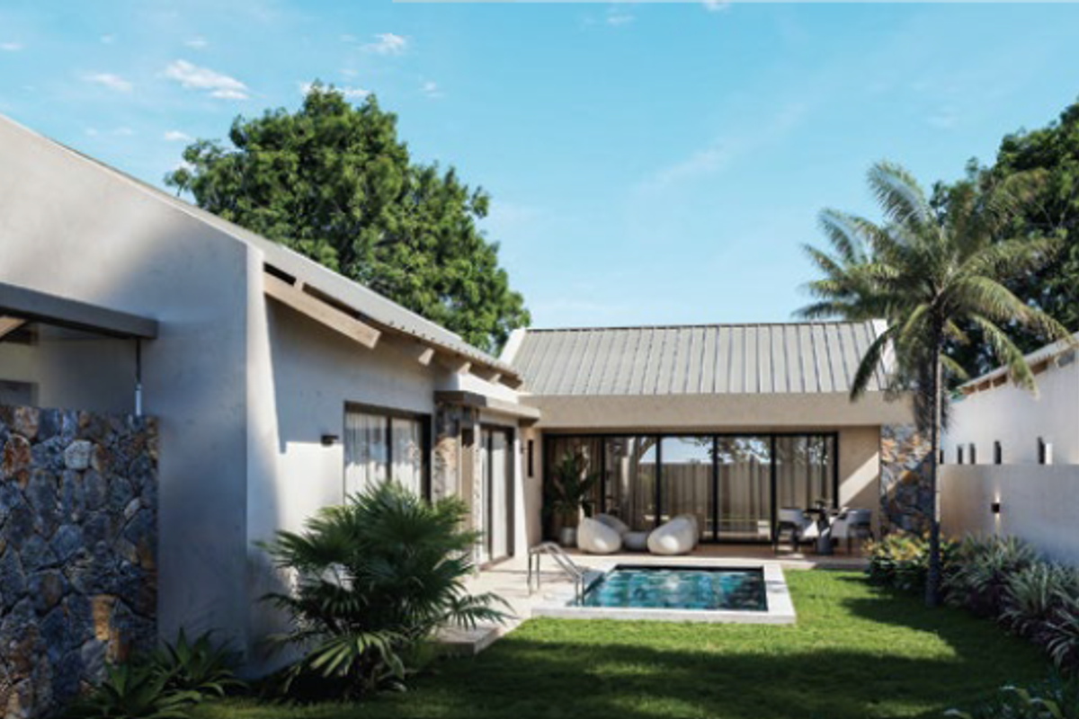 A modern rear exterior view featuring a private swimming pool, stone-clad walls, and large sliding glass doors opening onto a landscaped garden.