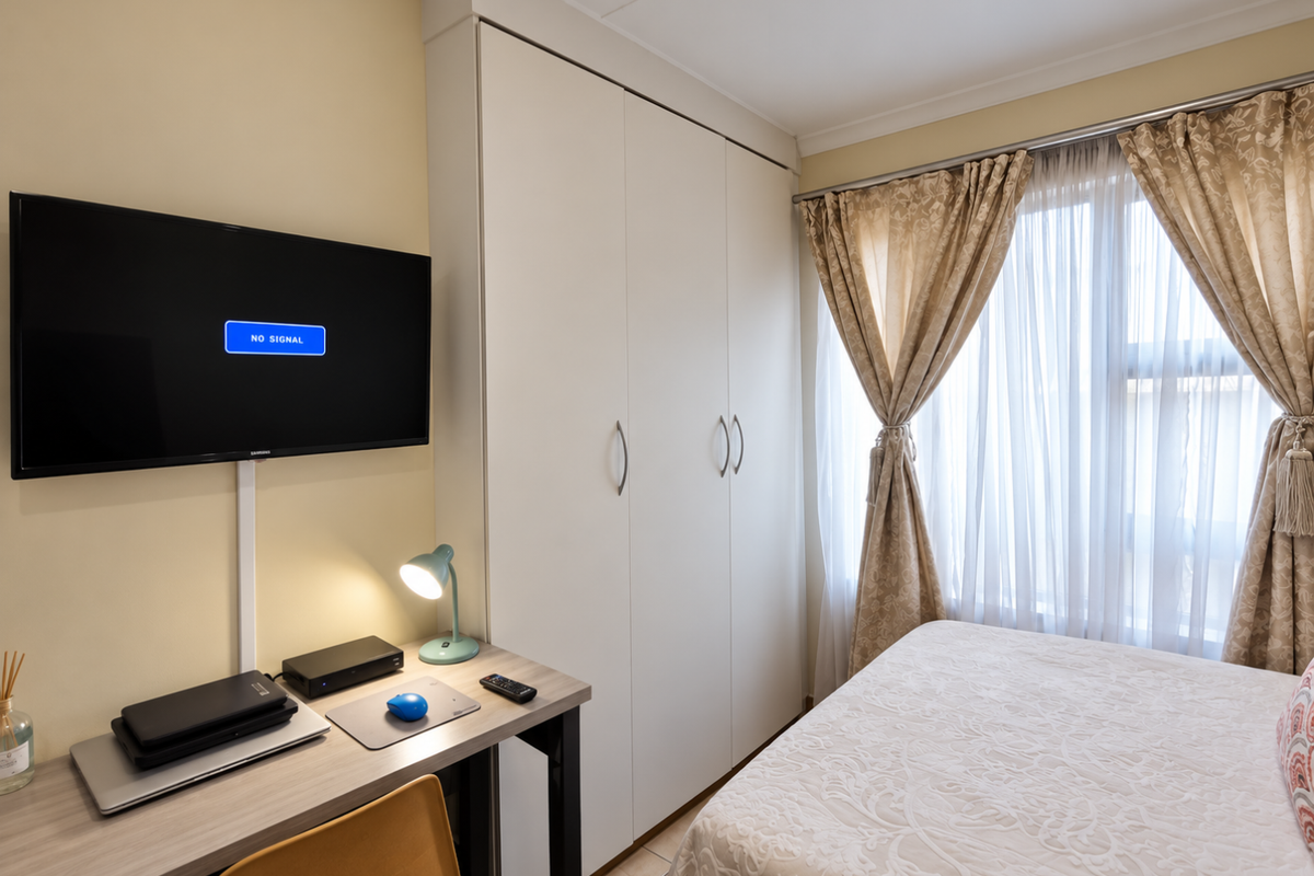 A well-maintained bedroom featuring a built-in wardrobe, tiled flooring, and large windows with curtains, providing a functional and comfortable living space.
