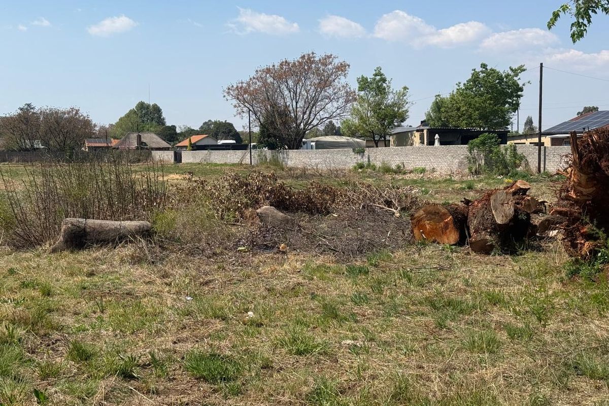 A view of a vacant residential plot featuring natural grass, scattered tree debris, and a perimeter boundary wall.