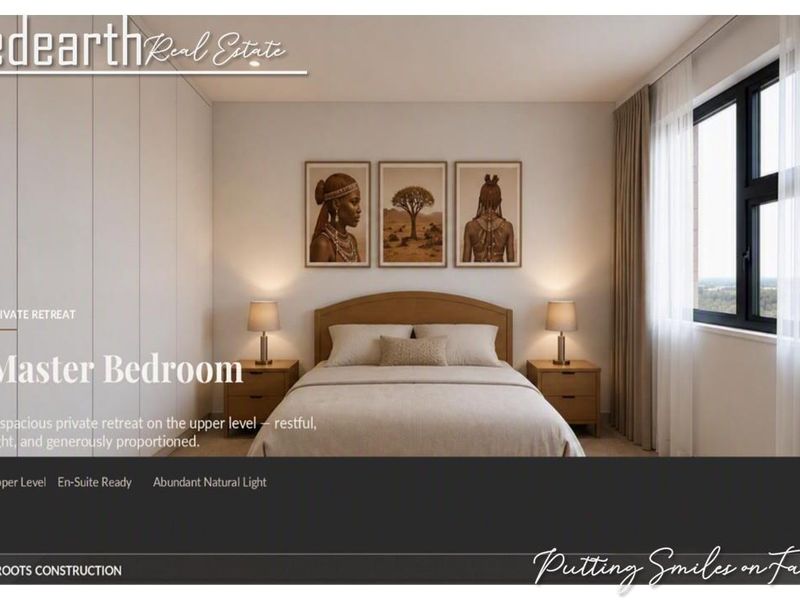 A well-lit master bedroom featuring built-in cupboards and large windows, providing a spacious and comfortable retreat on the upper level.