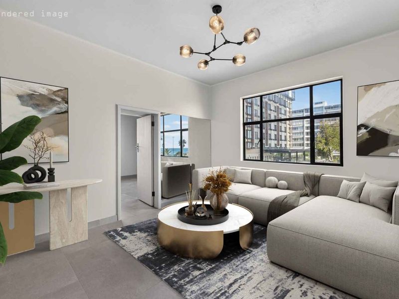 A bright and modern living room featuring large windows, contemporary lighting, and neutral tiled flooring with a view of the surrounding urban area.
