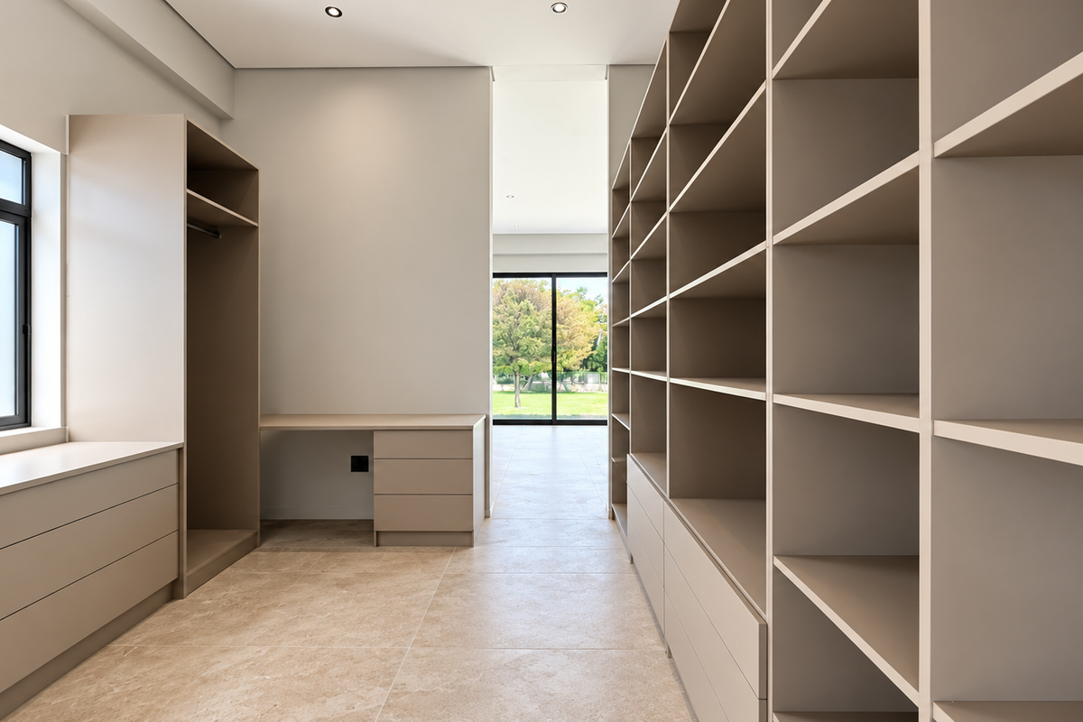 A spacious, modern walk-in closet or dressing room featuring extensive built-in cabinetry, a integrated desk, and large sliding glass doors leading to the garden.