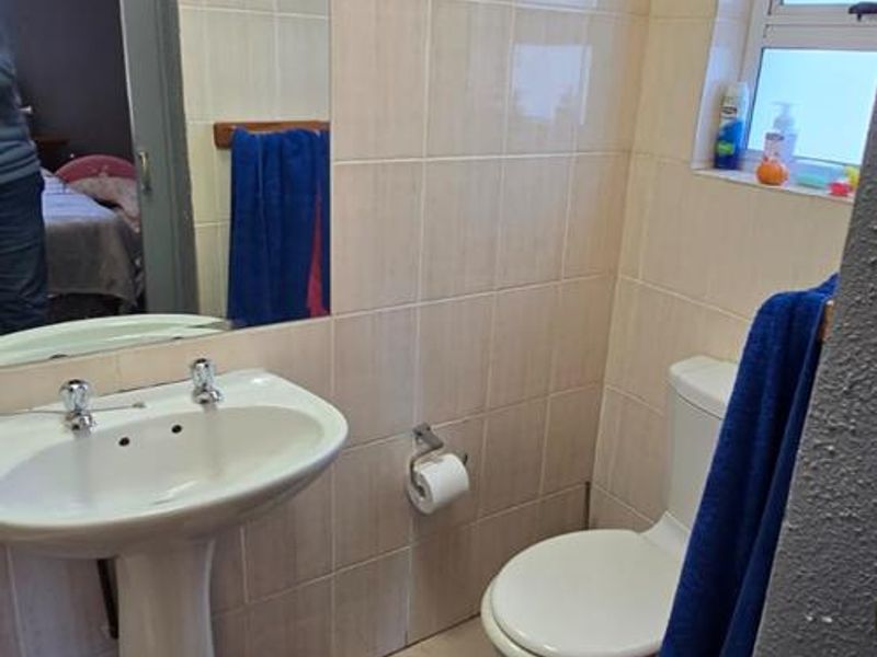 A functional bathroom featuring a pedestal basin, toilet, and full-height wall tiling with a large mirror.