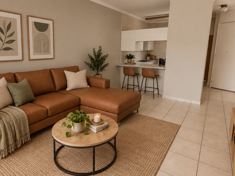 A bright open-plan living area featuring tiled floors, a modern kitchen with a breakfast bar, and neutral wall finishes.