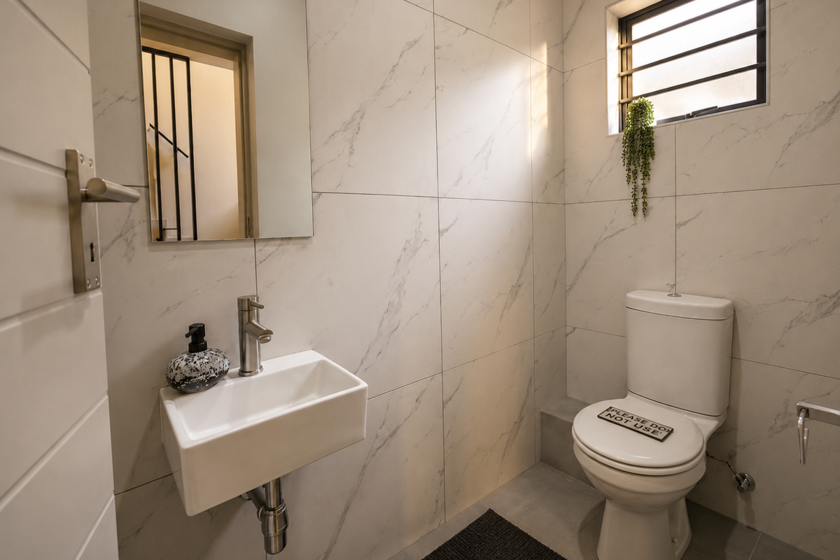 Modern guest bathroom featuring marble-look wall tiles, a wall-mounted basin with chrome faucet, and a sleek toilet.